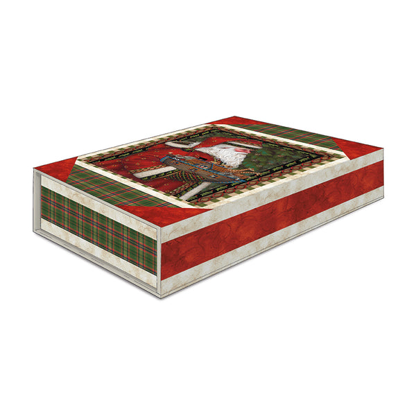 Decorative box with a plaid pattern and a central design of a person in a coat and hat.