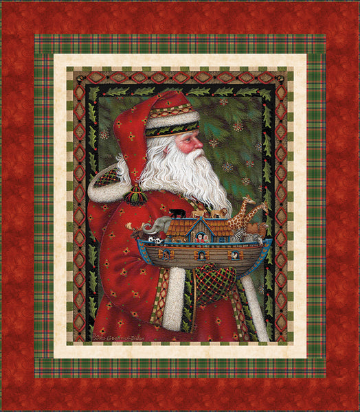 Image of Santa in a red hat and cloak holding an art with animals on a green background with several borders around it.
