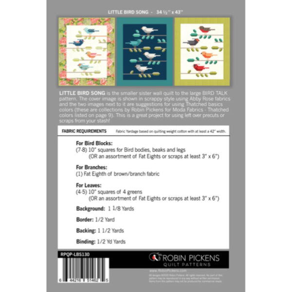 Quilt pattern packaging with fabric requirements and Robin Pickens branding