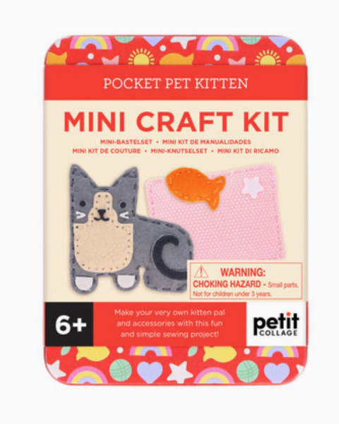 Petit Collage Pocket Pet Kitten Mini Craft Kit in a red and cream packaging card, featuring illustrations of a gray and beige kitten and a pink cat patch kit.