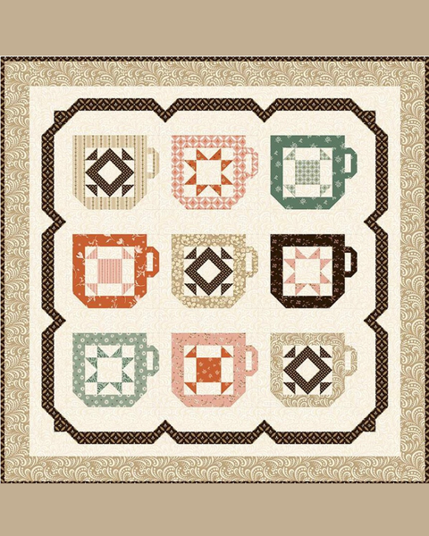Quilt pattern with coffee mug shapes in various colors on a beige background