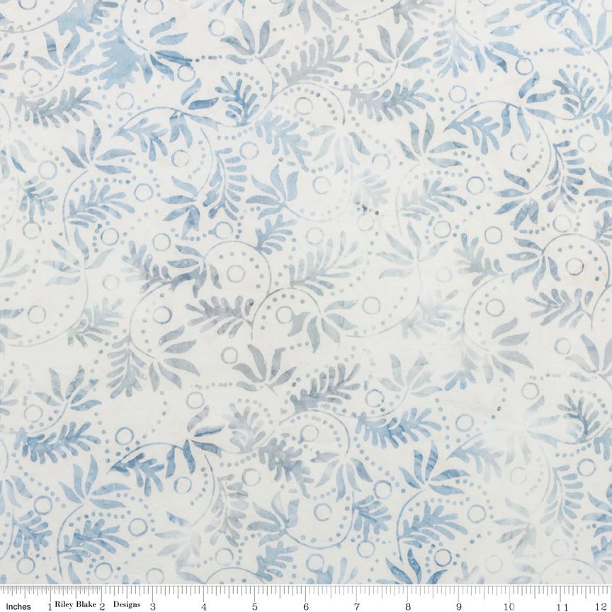 Floral pattern fabric with blue and gray design on a white background