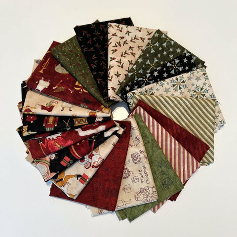 Collection of patterned fabric squares arranged in a circular fashion on a white background