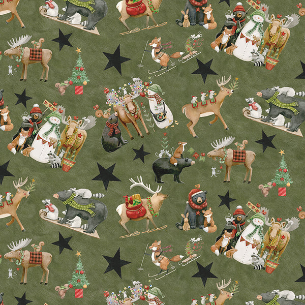Pattern of Christmas-themed animals and decorations on a green background