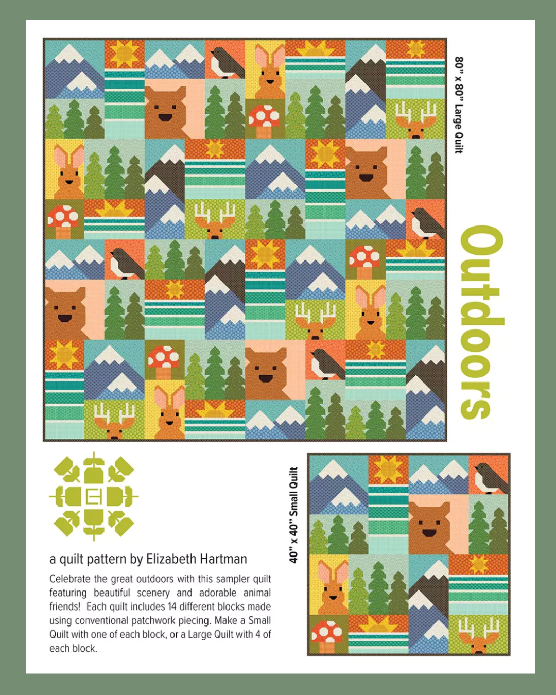 Quilt pattern book cover with outdoor-themed quilt design and branding information.