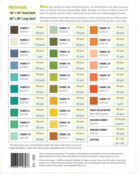 Fabric color chart with various fabric swatches and corresponding fabric numbers on a white background.