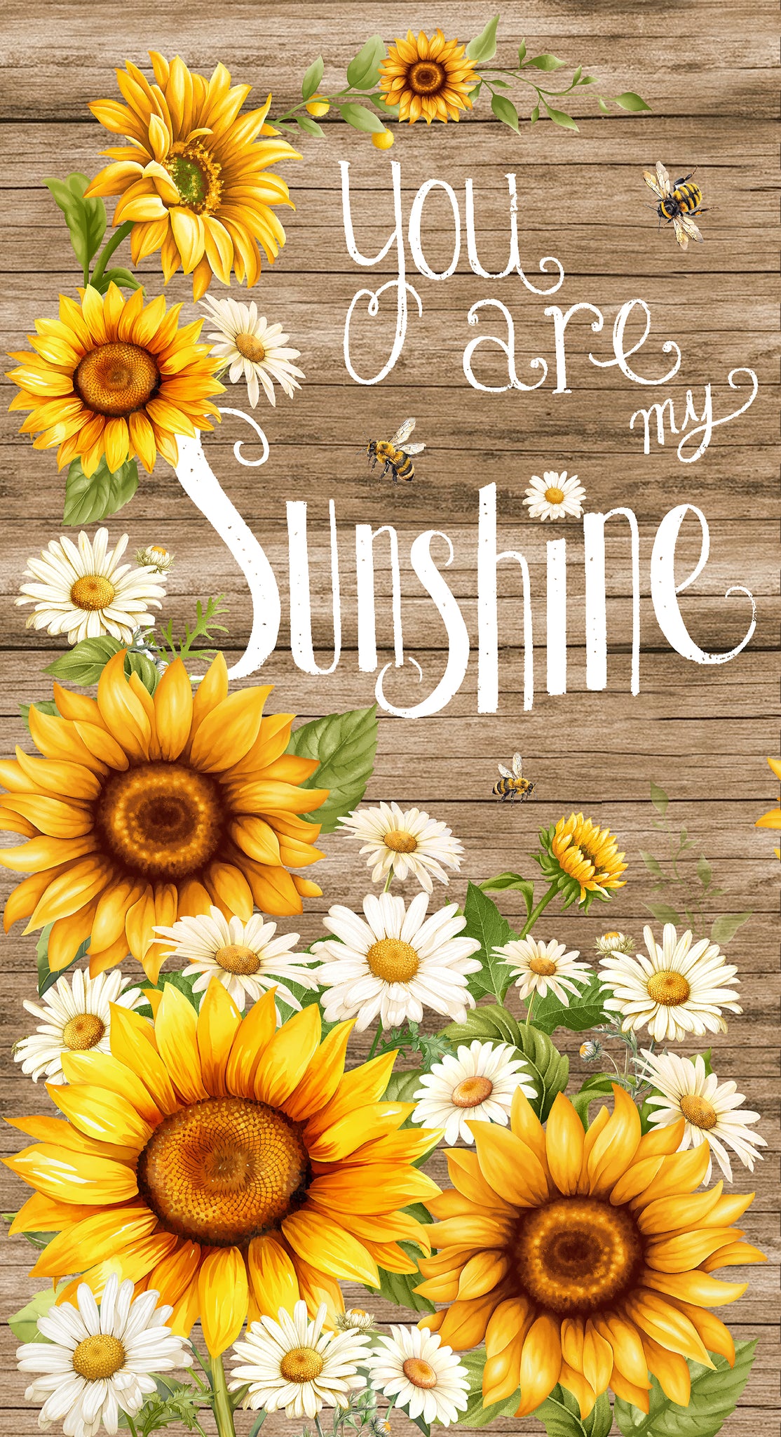 Decorative image with sunflowers, daisies, and text 'You are my sunshine' on a wooden background.