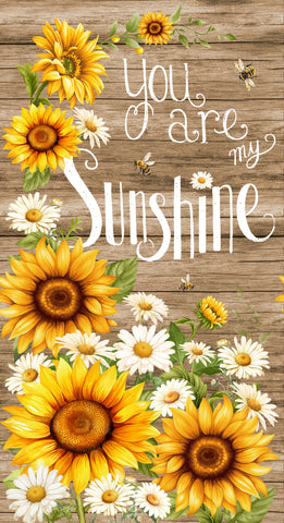 Decorative image with sunflowers, daisies, and text 'You are my sunshine' on a wooden background.
