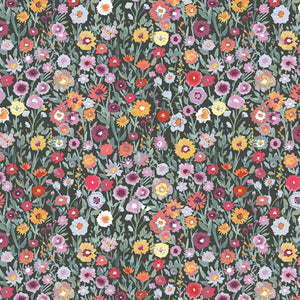 Field of multicoloured flowers on a dark green background