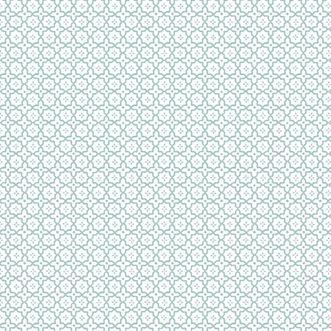 Allover interconnected geometric pattern outlines in aqua on a white background