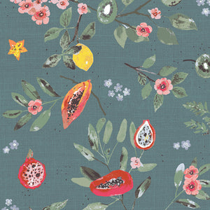 Branches and leaves with lemons, pomegranates and flowers on a medium green background.