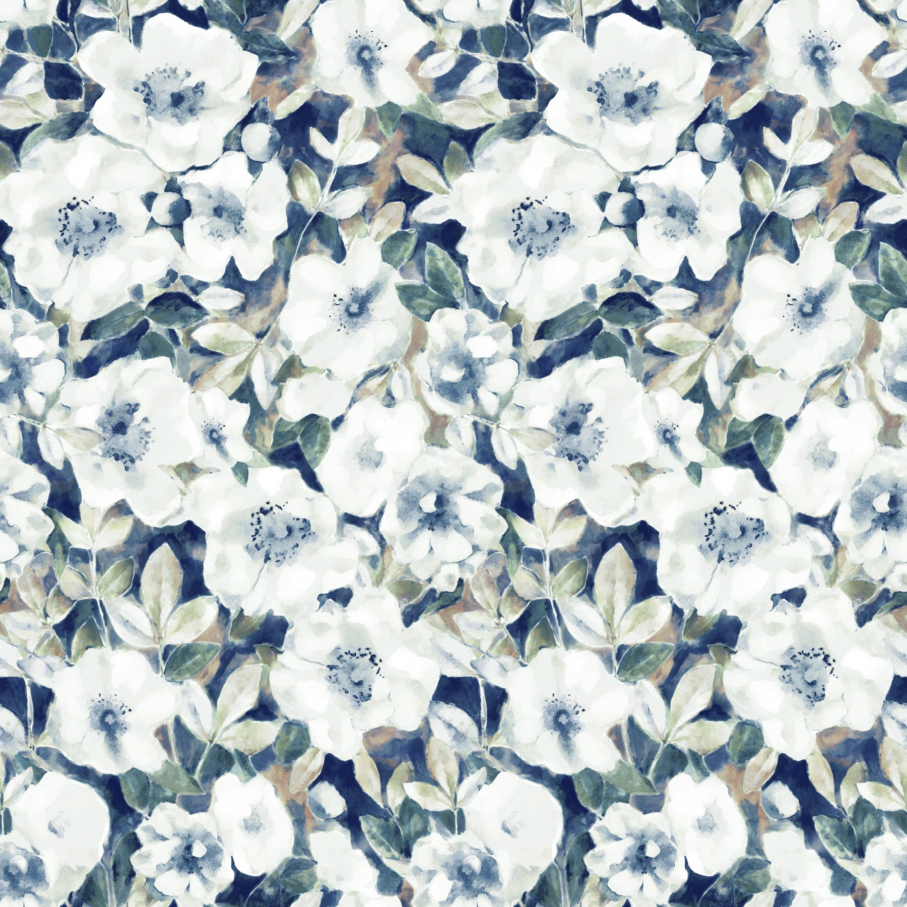 Large watercolour floral  rayon fabric in shades of cream and white on a medium to dark blue background.  