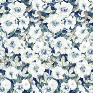 Large watercolour floral  rayon fabric in shades of cream and white on a medium to dark blue background.  