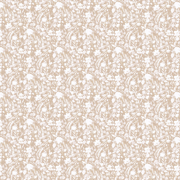 Rayon - Natural Essence, Petals, Cream.  Small cream florals printed on a beige rayon background.  Flowers are set in a  circular overall pattern.