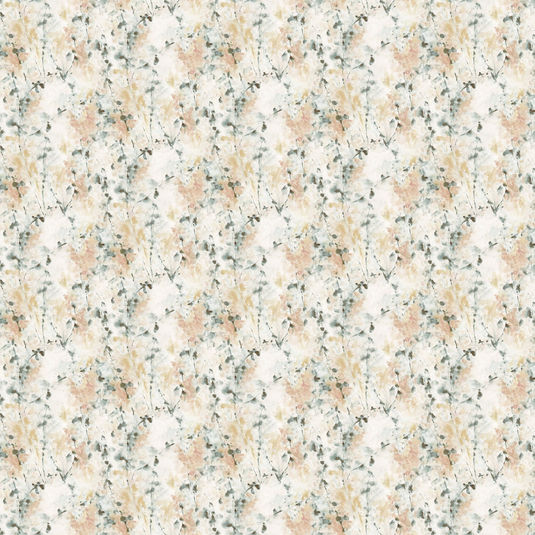 Beige background rayon fabric with watercolour dabs of golden beige and light green floral stems.