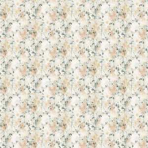 Beige background rayon fabric with watercolour dabs of golden beige and light green floral stems.