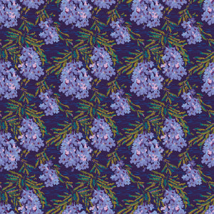 Pattern of purple flowers with green leaves on a dark blue background