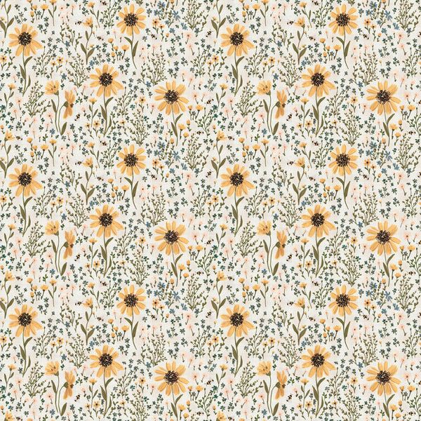 Pattern of yellow flowers and green leaves on a light background