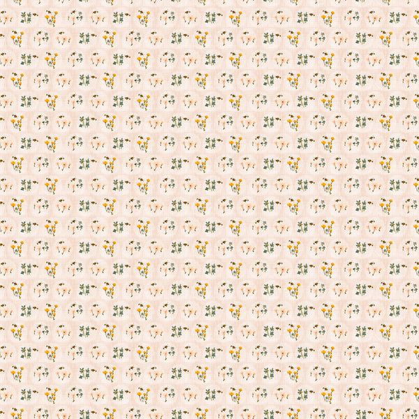 Pattern of small deer and floral elements on a light pink background
