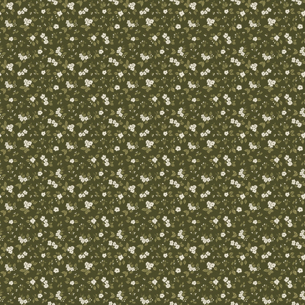 Pattern of small white flowers on a green background