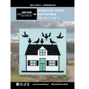 Quilt pattern cover with house and birds design on a scenic background