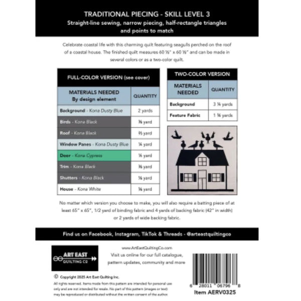 Quilt pattern description sheet with material requirements and a coastal house illustration.
