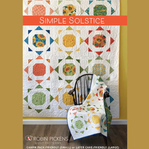 Quilt pattern book cover titled 'Simple Solstice' by Robin Pickens with a colorful quilt displayed.