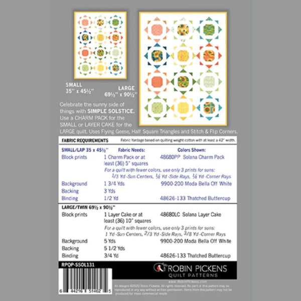 Quilt pattern packaging with fabric requirements and design details on a gray background