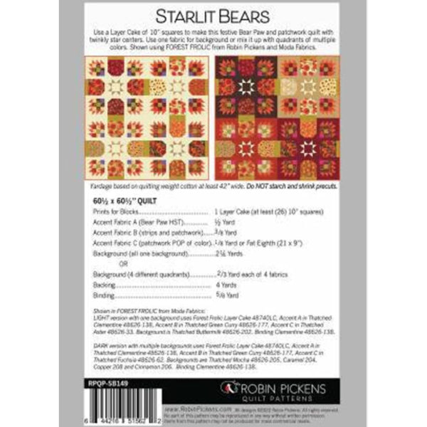 Quilt pattern packaging with starlit bears design and fabric requirements.