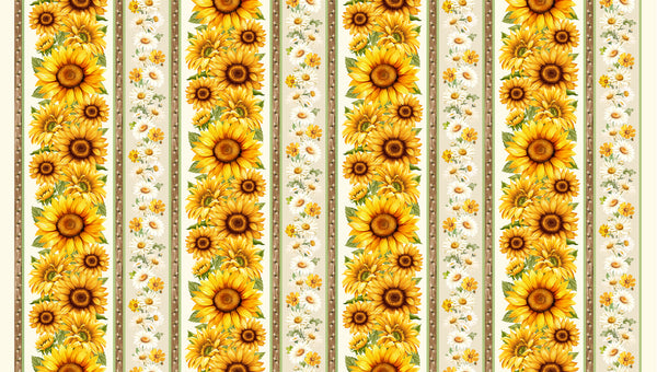 Pattern of sunflowers in vertical stripes on a white background