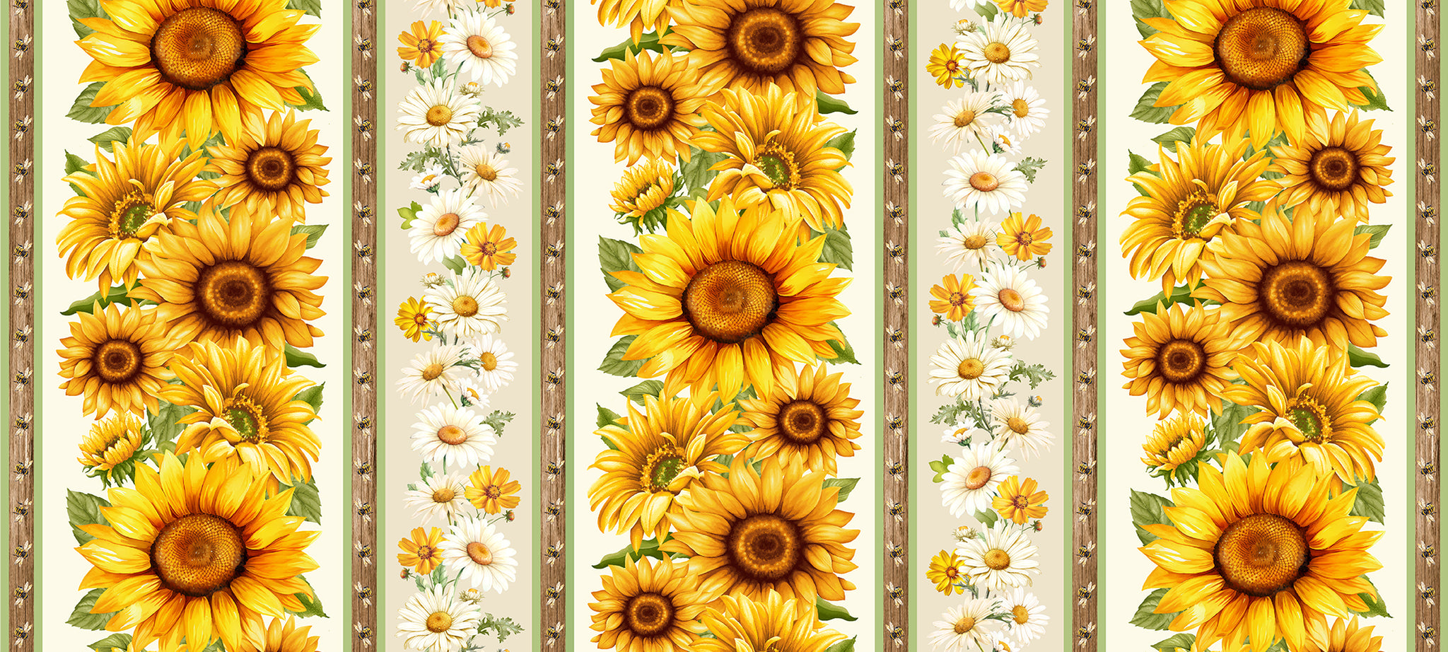 Pattern of sunflowers with a decorative border on a white background