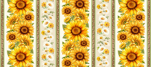 Pattern of sunflowers with a decorative border on a white background