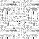 A piece of white cotton fabric with a black printed pattern featuring sewing-themed illustrations and text.