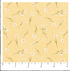 Fabric swatch with white floral pattern on a yellow background