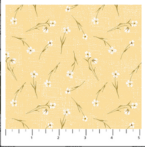 Fabric swatch with white floral pattern on a yellow background