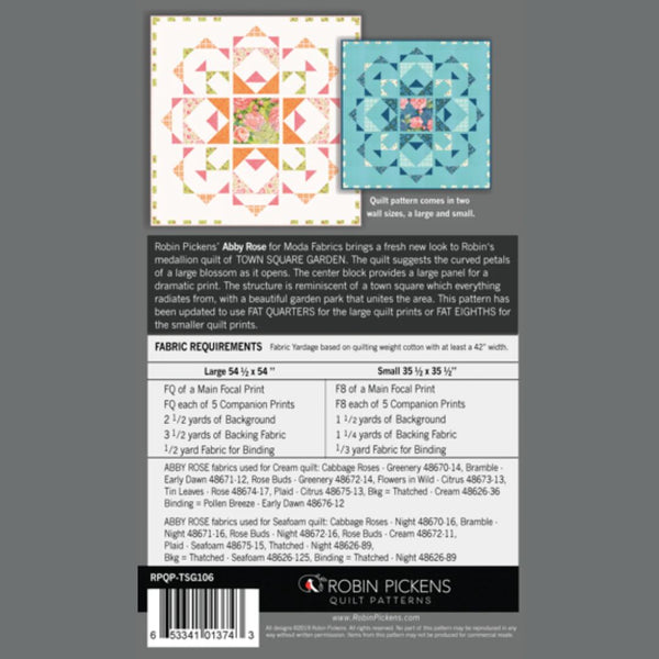 Quilt pattern packaging with fabric requirements and Robin Pickens branding.