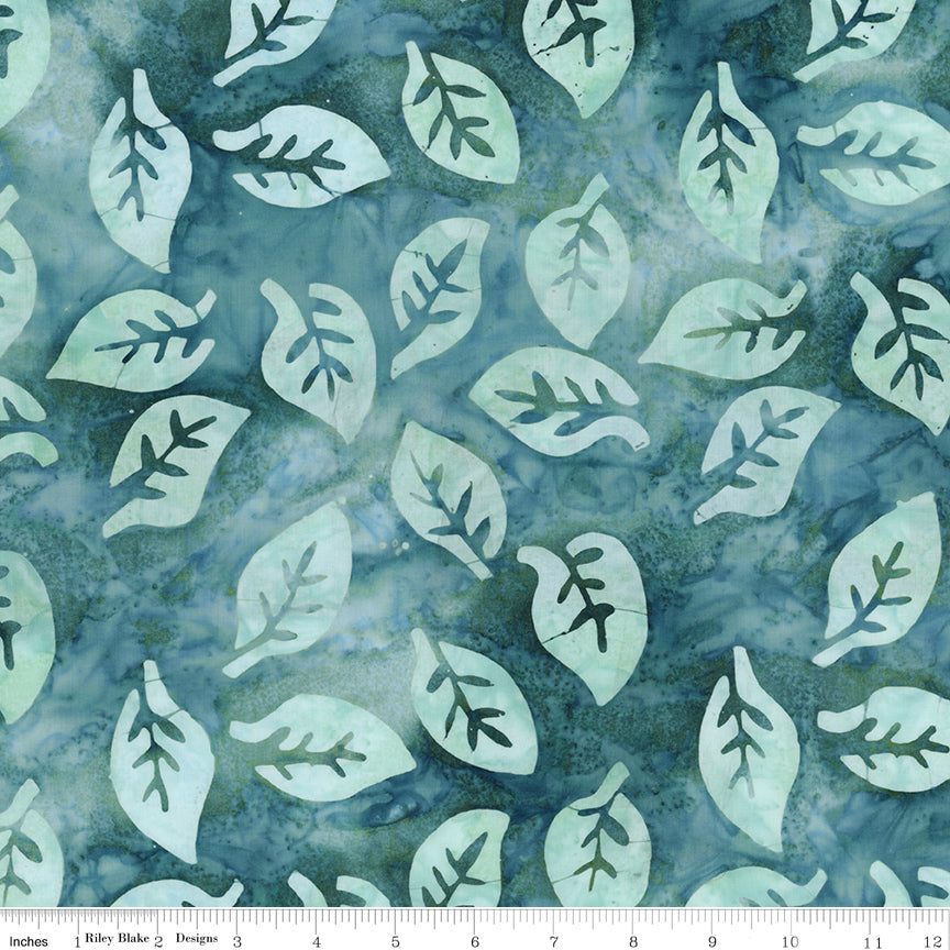 Pattern of light blue leaves on a textured green background