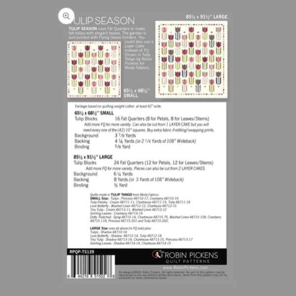 Quilt pattern packaging with tulip design and measurement details on a gray background