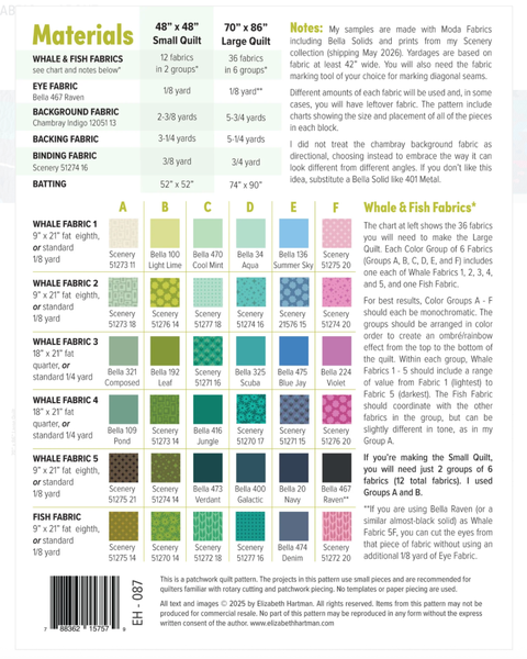 Color swatch chart for whale and fish fabrics with fabric names and colors.