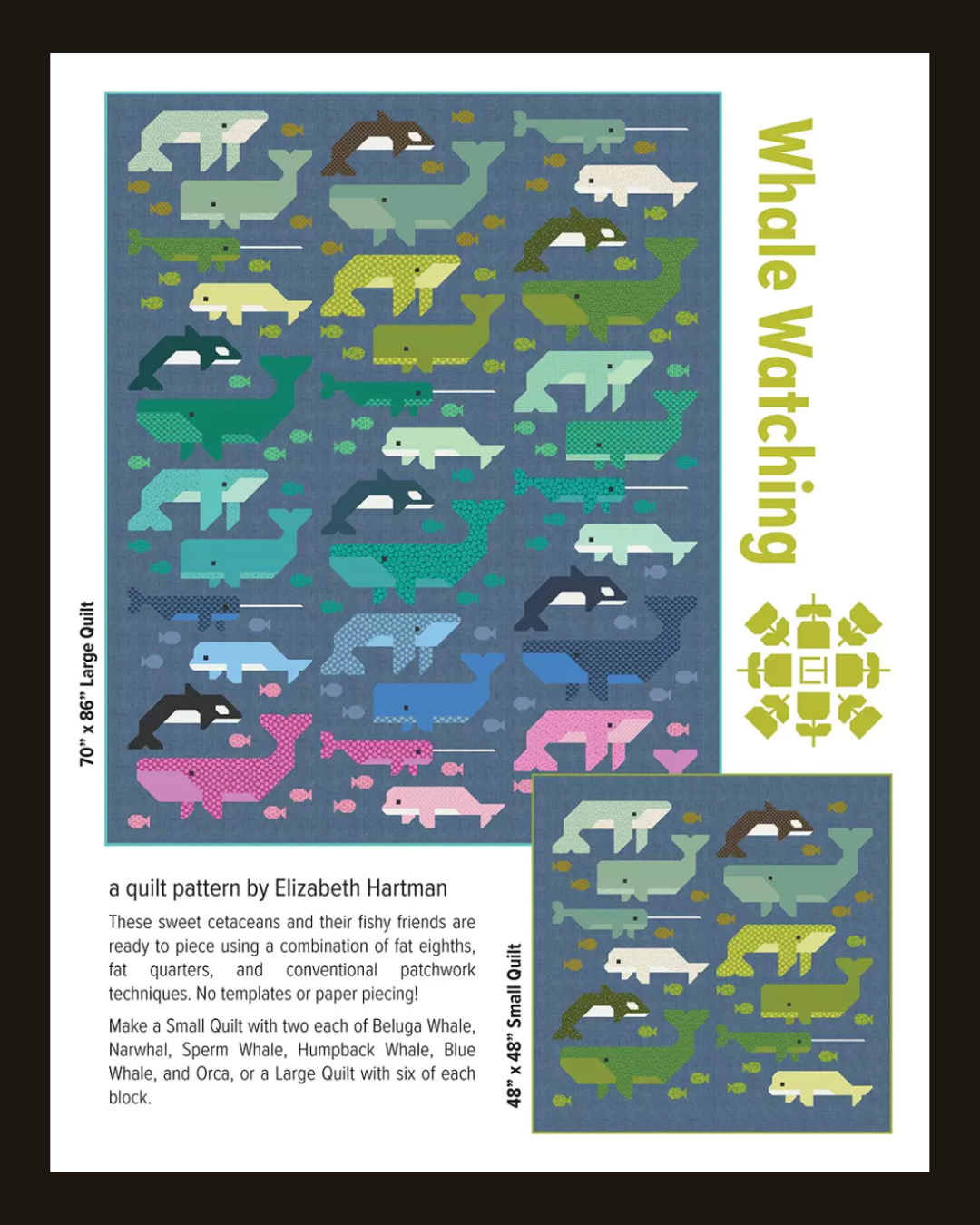 Quilt pattern for 'Whale Watching' with whale illustrations on a blue background.