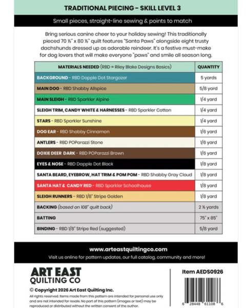 Back of a quilting instruction sheet showing a materials needed table for traditional piecing, with item names, quantities, and a website footer for Art East Quilting Co.