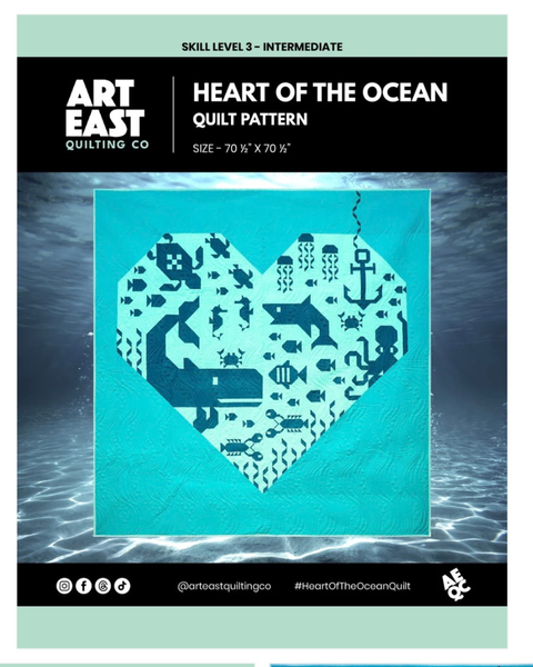 Art East quilt co front cover of the pattern Heart of the Ocean, with images of assorted sea creatures.