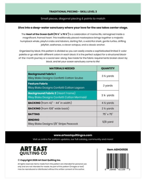 Back pattern sheet for Art East Quilting Co. Traditional Piecing - Skill Level 3, showing materials needed, yardage quantities, and a barcode for Artisan Block 2 (Item No.