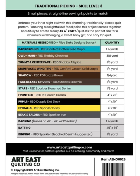 Back of a quilting pattern sheet titled 'Traditional Piecing - Skill Level 3' from Art East Quilting Co., showing text instructions, materials needed, quantities, and a barcode.